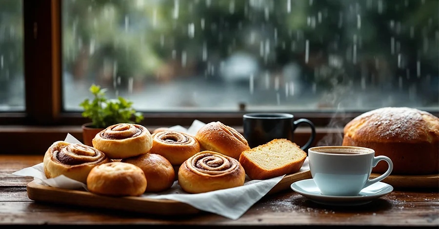Mesa de madera con roles de canela, bollos, panqué y café humeante en panadería acogedora, con lluvia cayendo suavemente por la ventana al fondo.