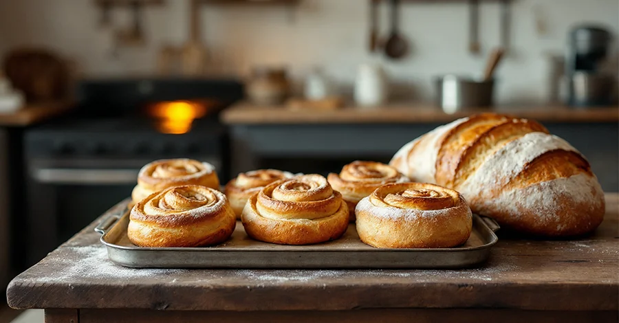 Mesa rústica con conchas, roles de canela y pan de masa madre en panadería artesanal pequeña, con horno encendido y utensilios básicos al fondo.