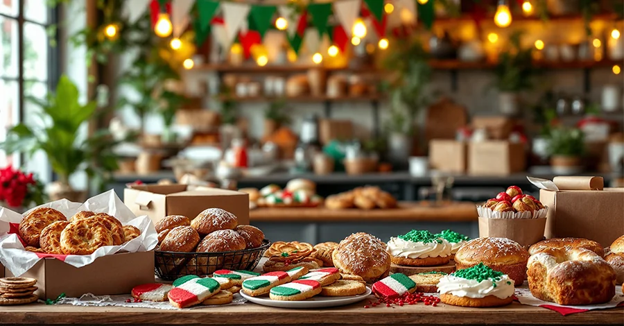 Panadería con decoración tricolor, mesa con panes y postres patrios como conchas tricolores, galletas y panqués, y al fondo empaques festivos listos para entrega.