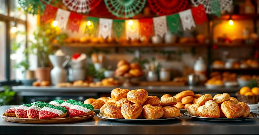 Panadería decorada con papel picado tricolor y mesa con conchas y galletas patrias, transmitiendo orgullo mexicano y ambiente festivo.