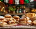 Mesa rústica con panes mexicanos festivos —conchas tricolores, pan de maíz azul y empanadas de cajeta— decorada con papel picado y luces cálidas.