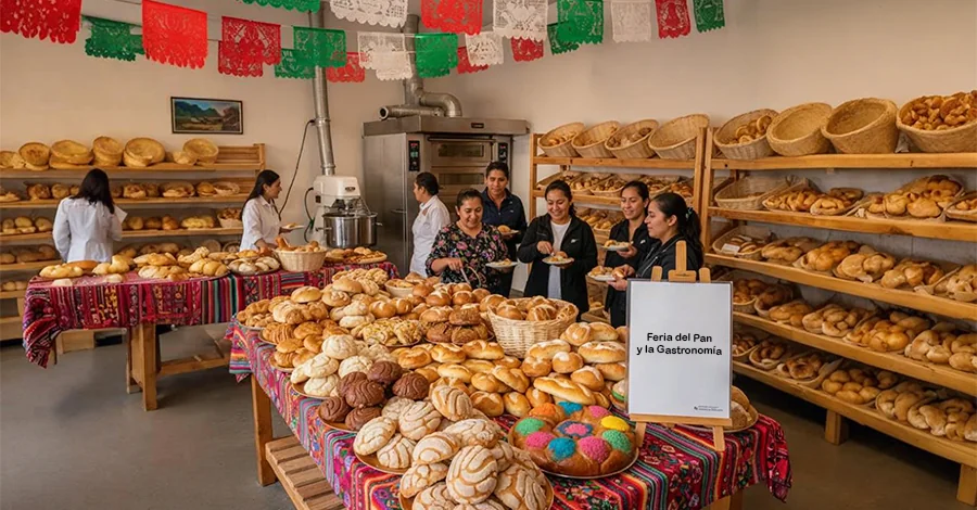 Panadería festiva con papel picado y manteles de colores; mesa frontal con conchas, bolillos y pan de fiesta junto a cartel “Feria del Pan y la Gastronomía”; gente degustando y horno/amasadora al fondo.