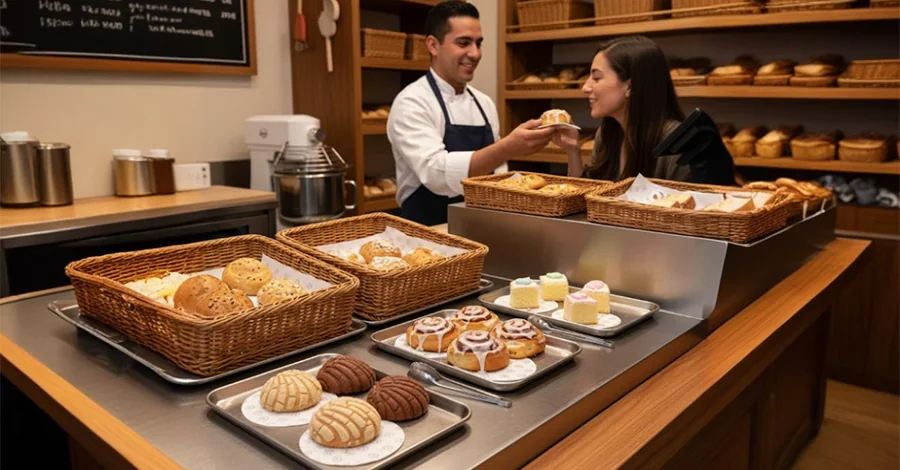 Mostrador de panadería moderno con mini conchas, mini roles y mini rebanadas en charolas pequeñas con servilletas personalizadas; al fondo, panadero ofrece una muestra a un cliente y se ve equipo profesional con luz cálida.