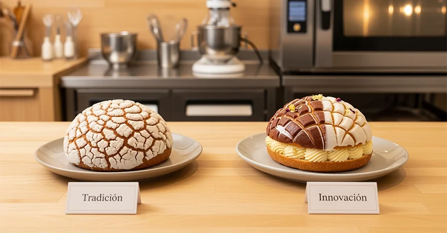 Mesa de panadería con concha tradicional y su versión innovadora con glaseado bicolor, fondo cálido y equipo de acero inoxidable desenfocado, mostrando equilibrio entre tradición e innovación.