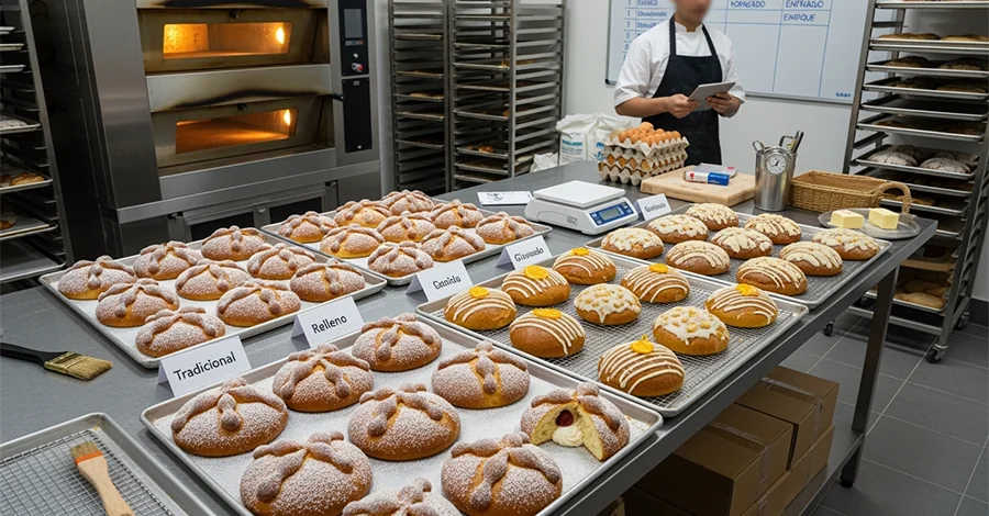 Mesa con charolas de Pan de Muerto tradicional e innovador; al fondo, horno industrial encendido y panadero organizando pedidos junto a insumos en volumen, comunicando planeación y producción de temporada.