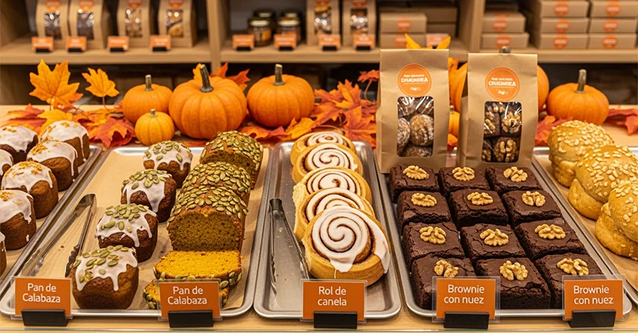 Vitrina de panadería artesanal con panes de calabaza, roles de canela y brownies con nuez en empaques kraft con ventana; pequeñas calabazas y hojas secas al fondo, luz cálida de temporada.