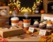 Mostrador de panadería con paquetes especiales de otoño/Halloween: cajas kraft con panes artesanales decorados con calabaza, cupcakes temáticos y bebidas calientes en vasos de temporada con vapor sutil; etiquetas de “Edición Limitada/Promoción de Octubre”, hojas secas, luces cálidas y texturas de madera que transmiten exclusividad y calidez estacional.