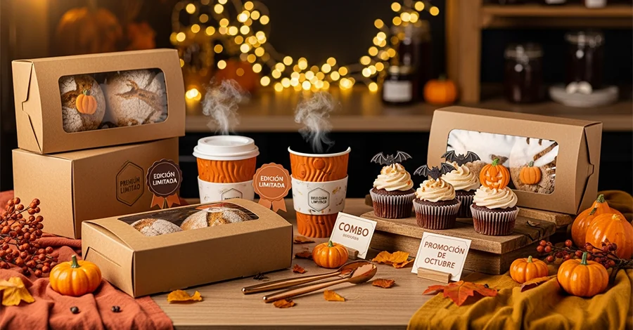 Mostrador de panadería con paquetes especiales de otoño/Halloween: cajas kraft con panes artesanales decorados con calabaza, cupcakes temáticos y bebidas calientes en vasos de temporada con vapor sutil; etiquetas de “Edición Limitada/Promoción de Octubre”, hojas secas, luces cálidas y texturas de madera que transmiten exclusividad y calidez estacional.