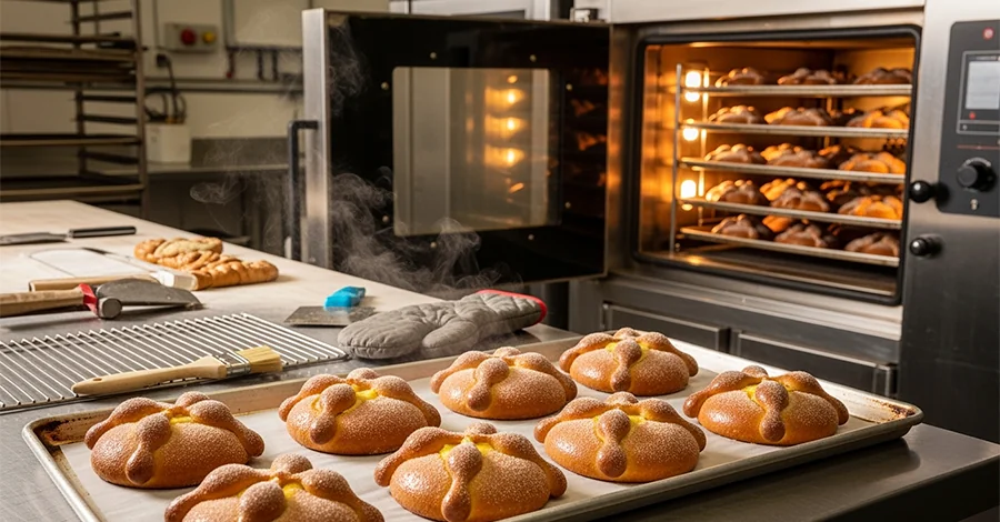 Obrador profesional en producción de Pan de Muerto: en primer plano, charola con piezas doradas y uniformes con huesitos y bolita bien formados; al fondo, horno industrial de convección encendido con el interior iluminado y más charolas horneándose, transmitiendo profesionalismo, control técnico y calidad consistente.