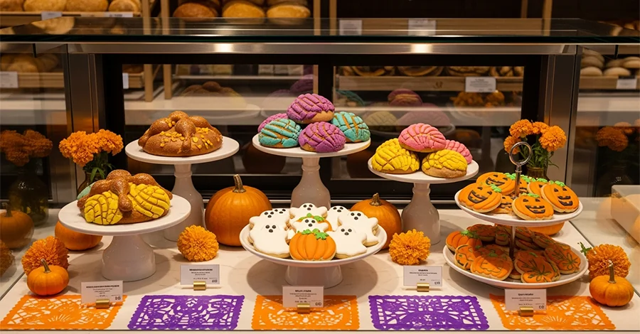 Vitrina frontal impecable de panadería moderna decorada para octubre, con Pan de Muerto, conchas y galletas temáticas exhibidas a diferentes alturas; flores de cempasúchil, calabazas pequeñas y papel picado naranja y morado enmarcan la escena. Iluminación cálida que realza dorados y texturas, creando un ambiente acogedor y festivo sin saturar la composición.