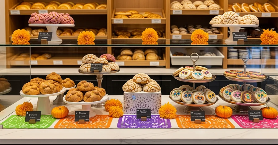 Vitrina frontal impecable de panadería moderna decorada para octubre, con Pan de Muerto, conchas y galletas temáticas exhibidas a diferentes alturas; cempasúchil, calabazas pequeñas y papel picado naranja y morado enmarcan la escena. Iluminación cálida que realza dorados y texturas, creando un ambiente acogedor y festivo sin saturar la composición.