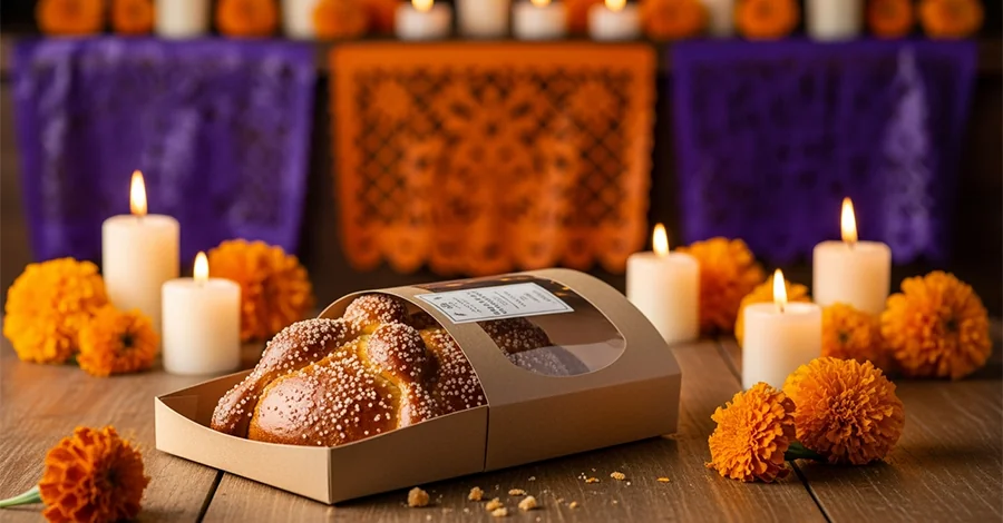 Altar de Día de Muertos en panadería artesanal con Pan de Muerto en empaque temático elegante sobre mesa de madera rústica, rodeado de cempasúchil y velas encendidas; al fondo, papel picado morado y naranja. Iluminación cálida que resalta la textura y el azúcar del pan, comunicando tradición y valor cultural con presentación premium.