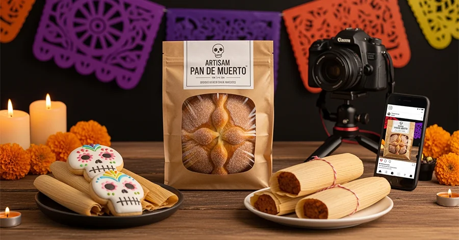 Mesa de madera rústica con cempasúchil, velas y papel picado naranja/morado; en el centro, Pan de Muerto en empaque elegante, acompañado de galletas de calaverita y tamalitos dulces. Al fondo, cámara enfocando la escena y smartphone con una publicación de Instagram. Iluminación cálida que resalta texturas y comunica tradición + estrategia visual para ventas.