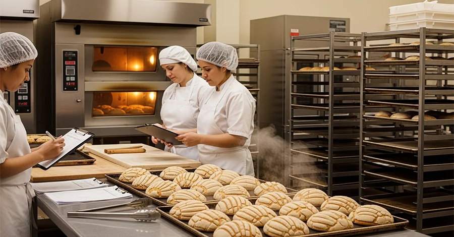 Panadería profesional en preparación navideña: panaderos revisan listas de producción junto a charolas con pan recién horneado en mesa de acero; al fondo, hornos industriales encendidos y estanterías ordenadas. Luz cálida natural en dorados, beige y rojizos que enfatiza orden, planeación y productividad en formato banner.
