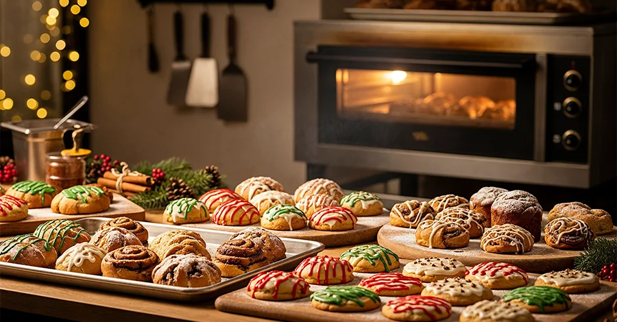 Mesa de panadería con panes dulces, bollos especiados y galletas navideñas en charolas y tablas; al fondo, horno de convección encendido, utensilios y decoración sutil con pino, canela y luces doradas bajo luz cálida.