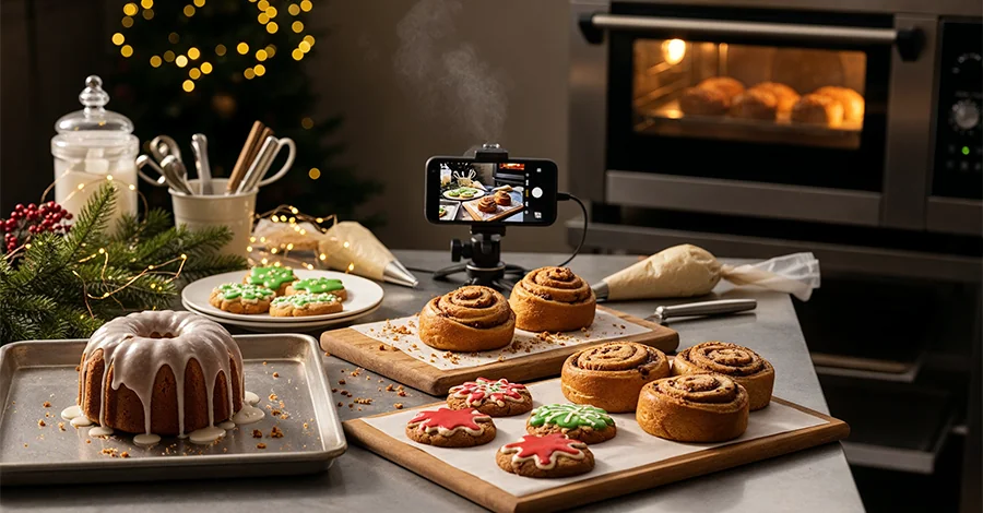 Mesa de panadería con panqué glaseado, galletas navideñas y bollos especiados; al fondo, un teléfono/cámara enfocando los productos, horno de convección encendido y decoración sutil con pino y luces doradas bajo luz natural cálida.