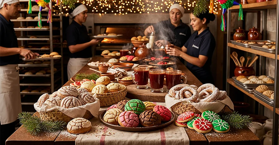 Mesa rústica con canastas de buñuelos, conchas y galletas navideñas; al fondo, personal horneando o sirviendo ponche, con luces cálidas y piñatas pequeñas en un ambiente de posada.