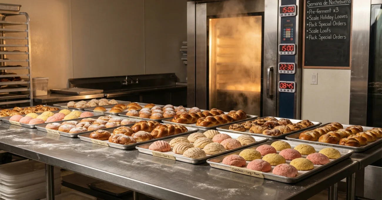 Mesa de producción con charolas alineadas de conchas, trenzas y pan dulce listo para hornear; al fondo, horno de convección encendido, timers de fermentación y checklist “Semana de Nochebuena”, bajo luz cálida que sugiere orden y planificación.
