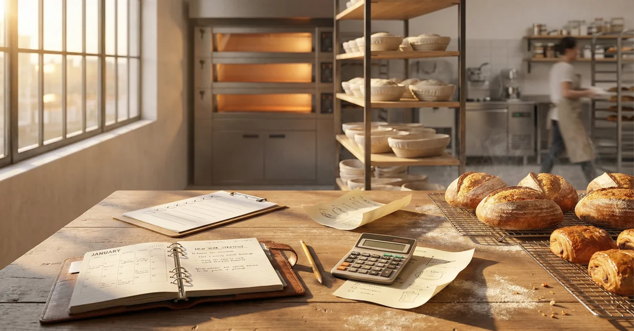 Panadería artesanal moderna al amanecer, con mesa de trabajo ordenada, libreta de planeación, checklist y pan recién horneado, mientras un horno profesional y masa en reposo se ven al fondo bajo luz cálida natural.