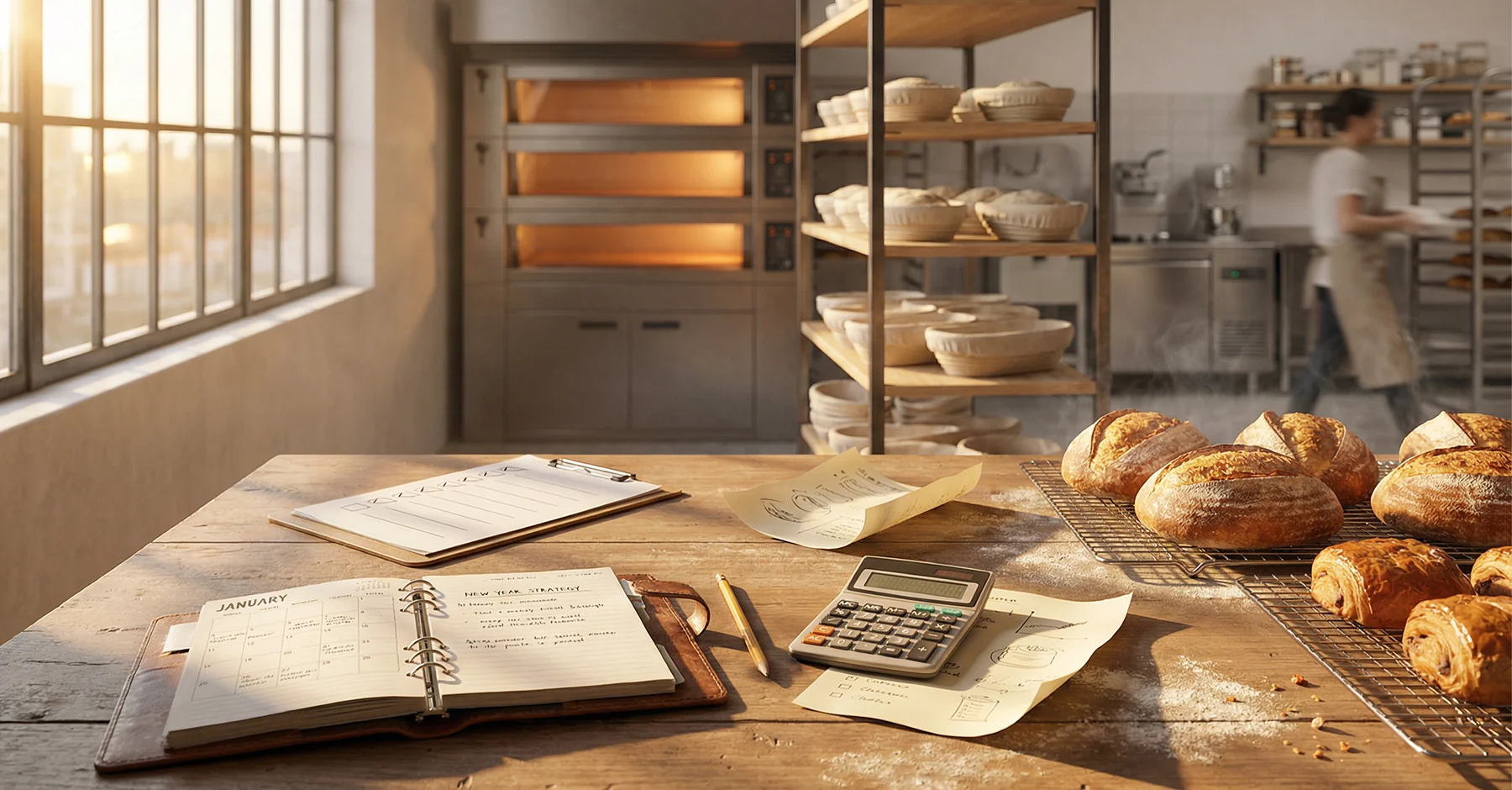 Panadería artesanal moderna al amanecer, con mesa de trabajo ordenada, libreta de planeación, checklist y pan recién horneado, mientras un horno profesional y masa en reposo se ven al fondo bajo luz cálida natural.