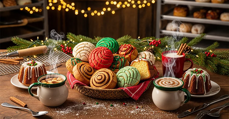 Mesa rústica con canasta de conchas, roles y panqués decorados, junto a tazas humeantes de ponche, atole y chocolate; al fondo, luces cálidas, ramas de pino y utensilios de panadería en un ambiente festivo y profesional.