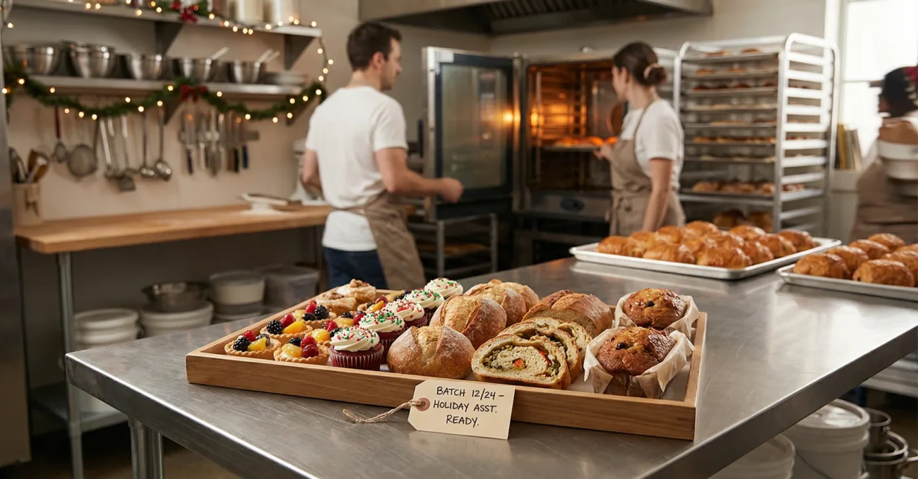 Charola grande con surtido navideño —mini postres, bollos, pan relleno en rebanadas y panes dulces— sobre mesa de acero; al fondo, producción activa con horno de convección y panecillos recién horneados en ambiente ordenado y cálido.