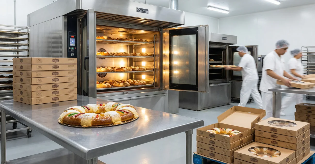 Panadería profesional en temporada de Reyes con un horno de convección horneando roscas de forma uniforme, mesa con roscas listas para empaque y cajas organizadas, mientras el personal trabaja al fondo con eficiencia.