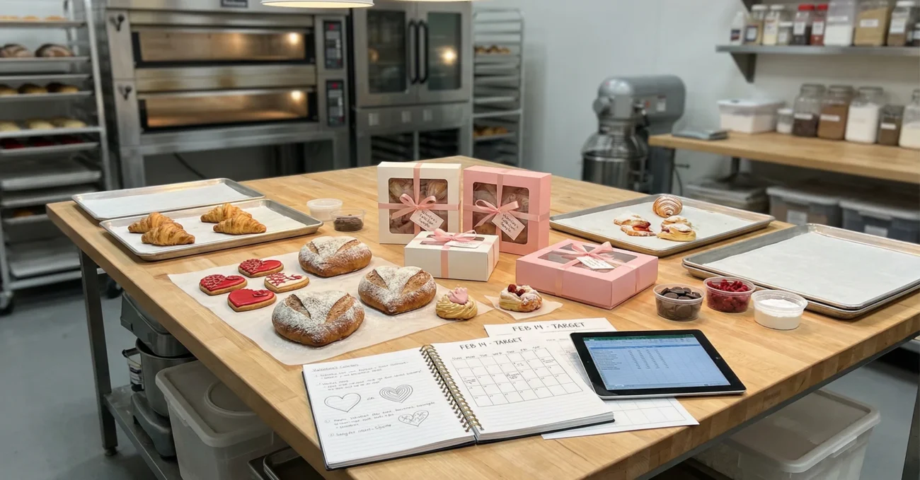 Mesa de planeación en una panadería profesional con productos de San Valentín en fase de diseño, empaques románticos y notas de producción, en un ambiente ordenado y estratégico.