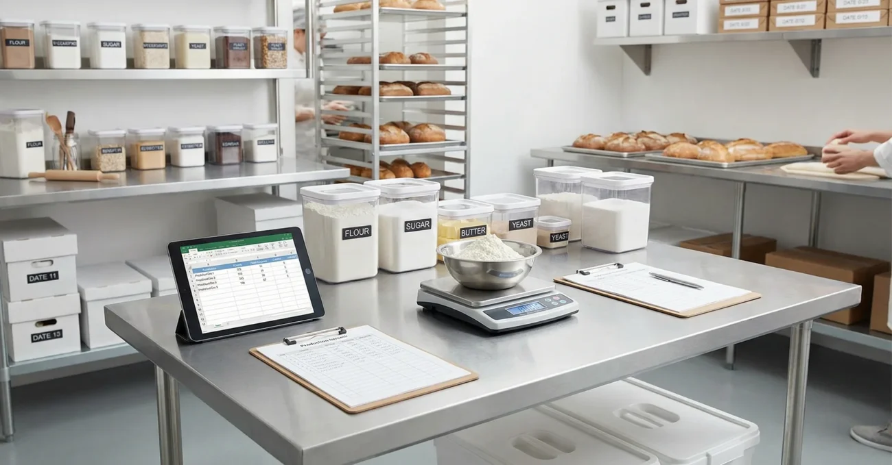 Panadería profesional con mesa de trabajo organizada, ingredientes etiquetados, báscula digital y registros de producción, transmitiendo control de inventario y eficiencia operativa.