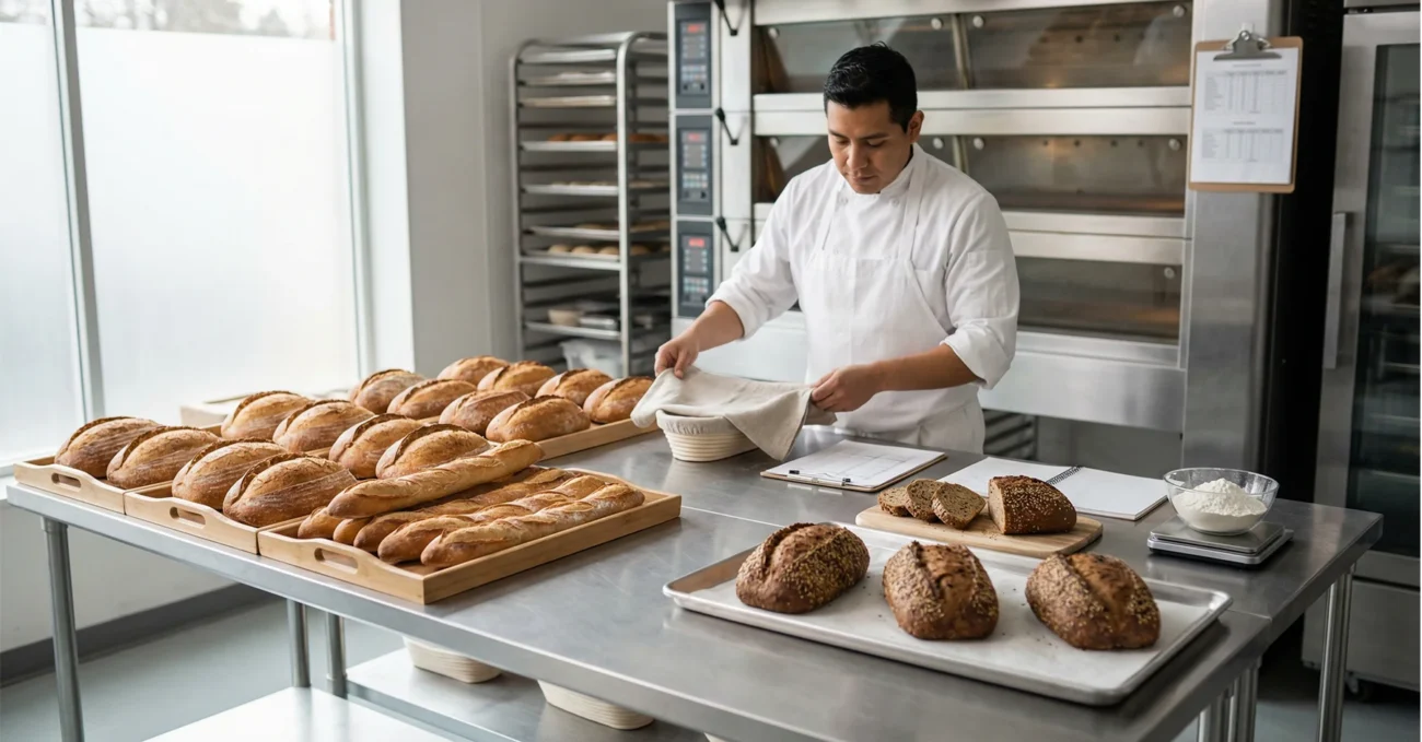 Panadería profesional con mesa de acero inoxidable mostrando pan tradicional y una nueva línea de pan en menor cantidad, reflejando crecimiento planificado y producción controlada.