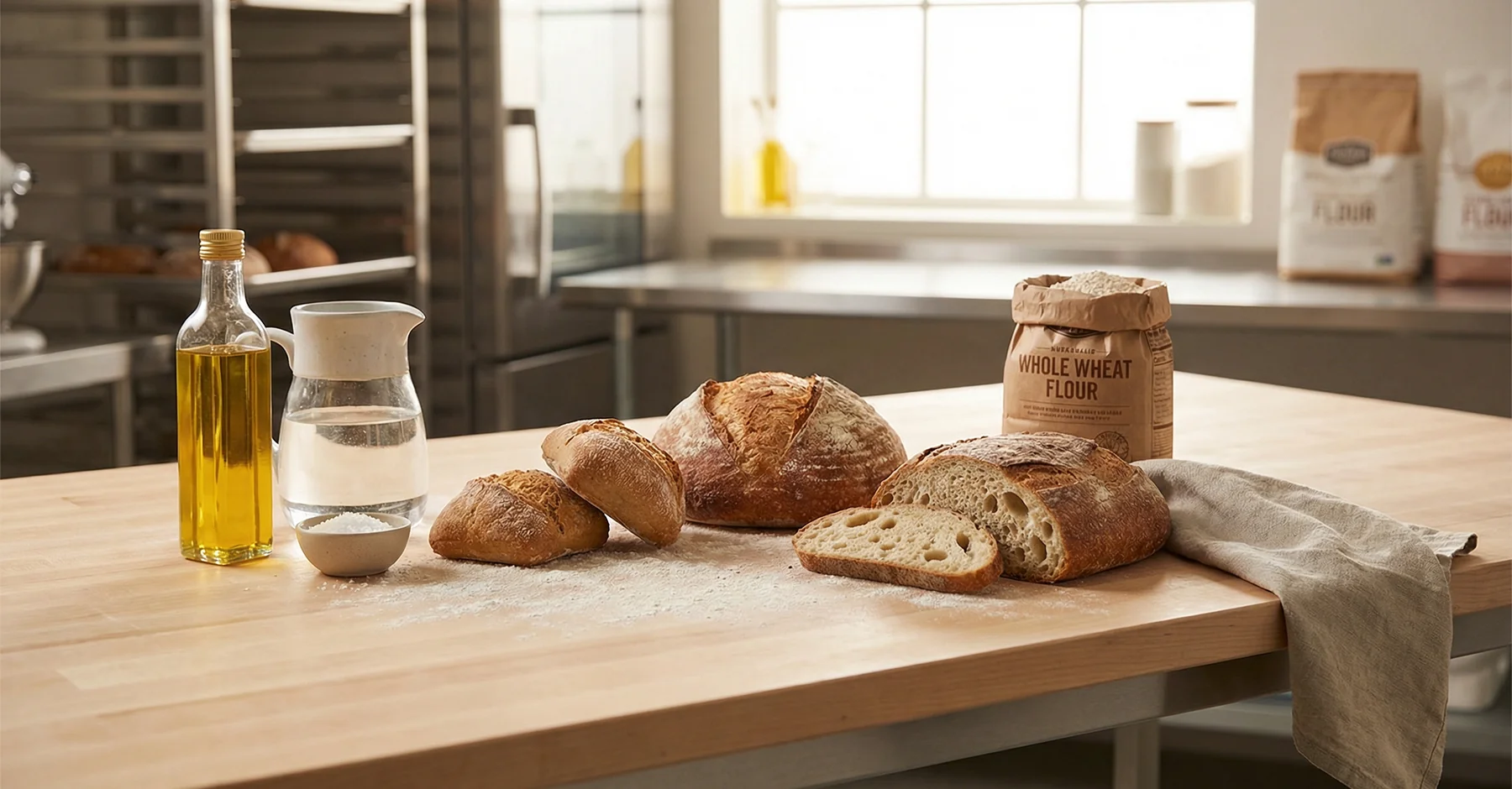 Mesa profesional con pan artesanal sin ingredientes de origen animal, harina espolvoreada e ingredientes básicos, representando la tradición de Cuaresma en una panadería profesional.
