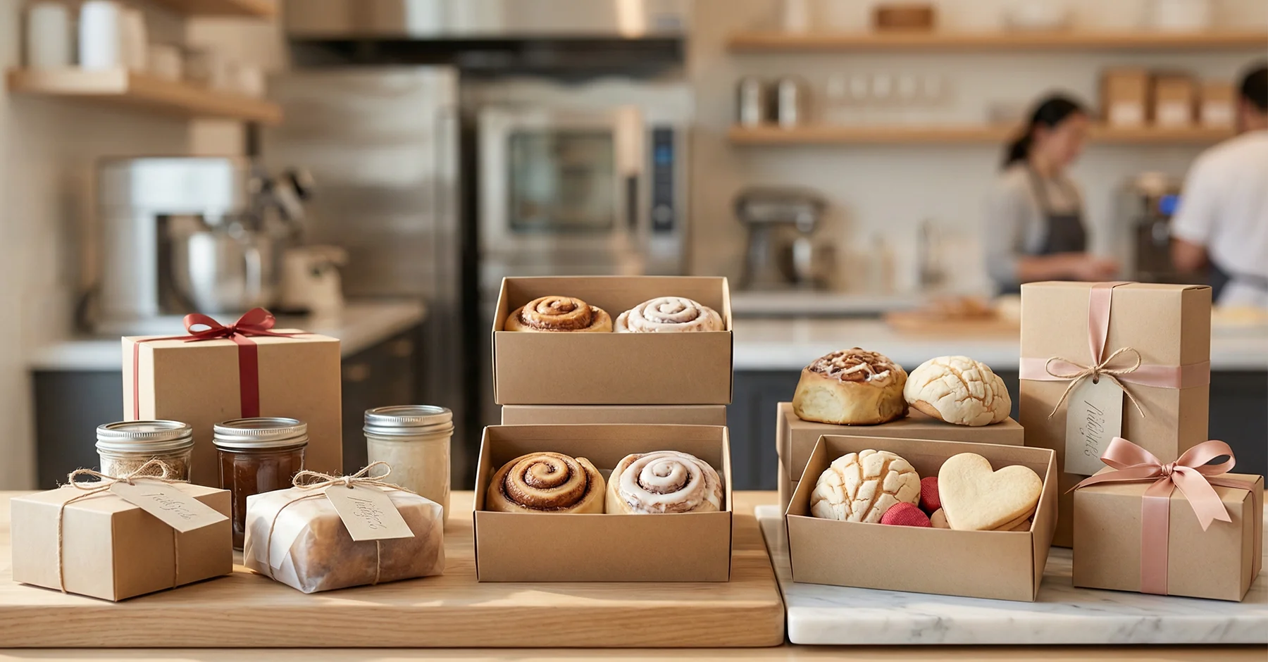 Mostrador de panadería profesional con empaques elegantes de pan artesanal presentados como regalos para el Día del Amor y la Amistad.