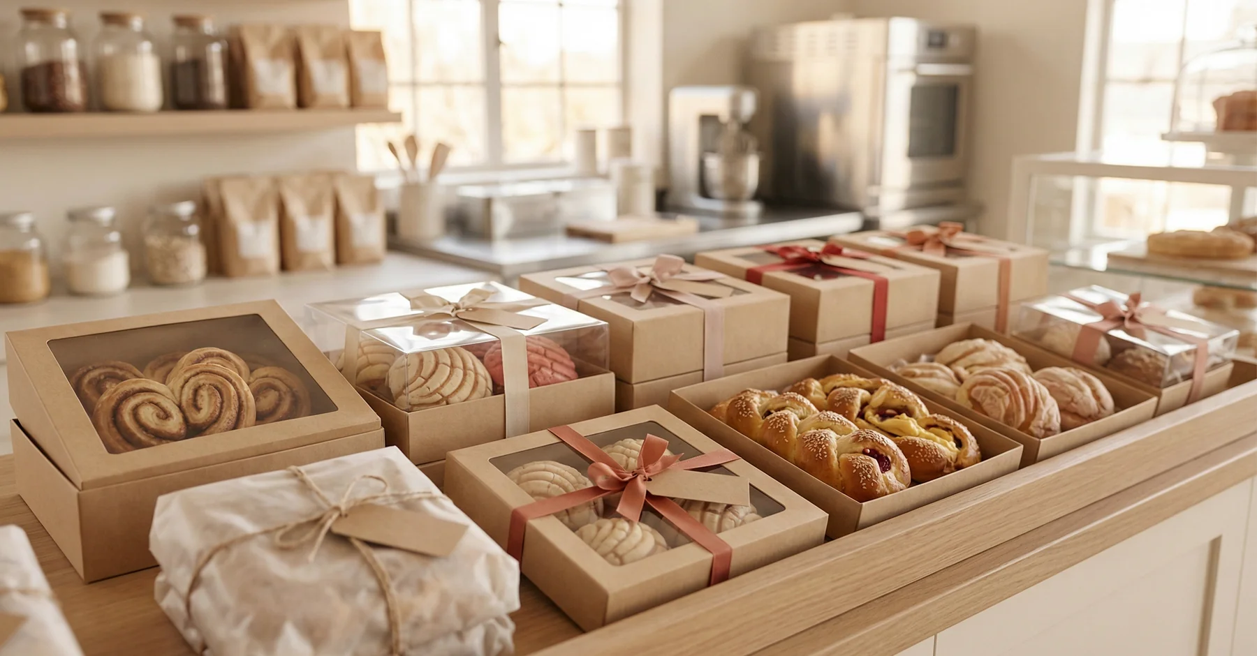 Mostrador de panadería profesional con empaques elegantes de pan artesanal presentados como regalos para el Día del Amor y la Amistad.